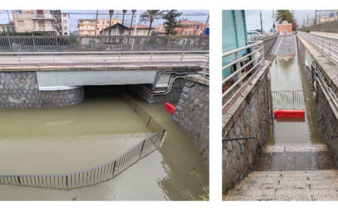Pioggia e mareggiata a Bordighera, sottopasso in via Noaro allagato: strada chiusa al transito (Foto)