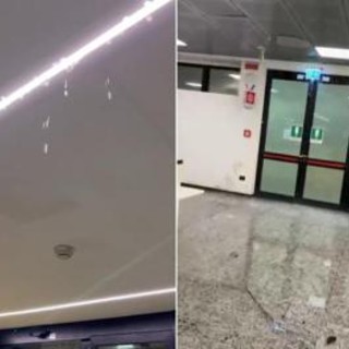 Piove dentro l'aeroporto di Milano Malpensa, acqua vicino a bagagli e biglietteria